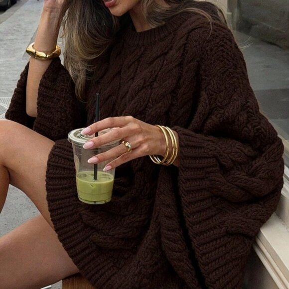 Brown Casual Women's Hemp Pattern Round Collar Wide Sleeve Long Sleeve Sweater - Picture 4 of 8